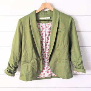 Gibson Green Linen Ruched Sleeve Blazer M